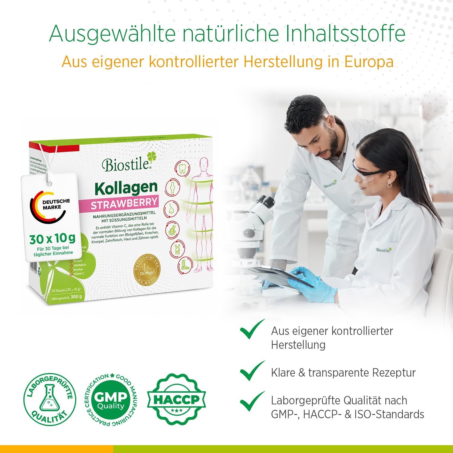 Biostile Collagen Strawberry Karton, Wissenschaftler im Labor, Qualitätszertifikate.