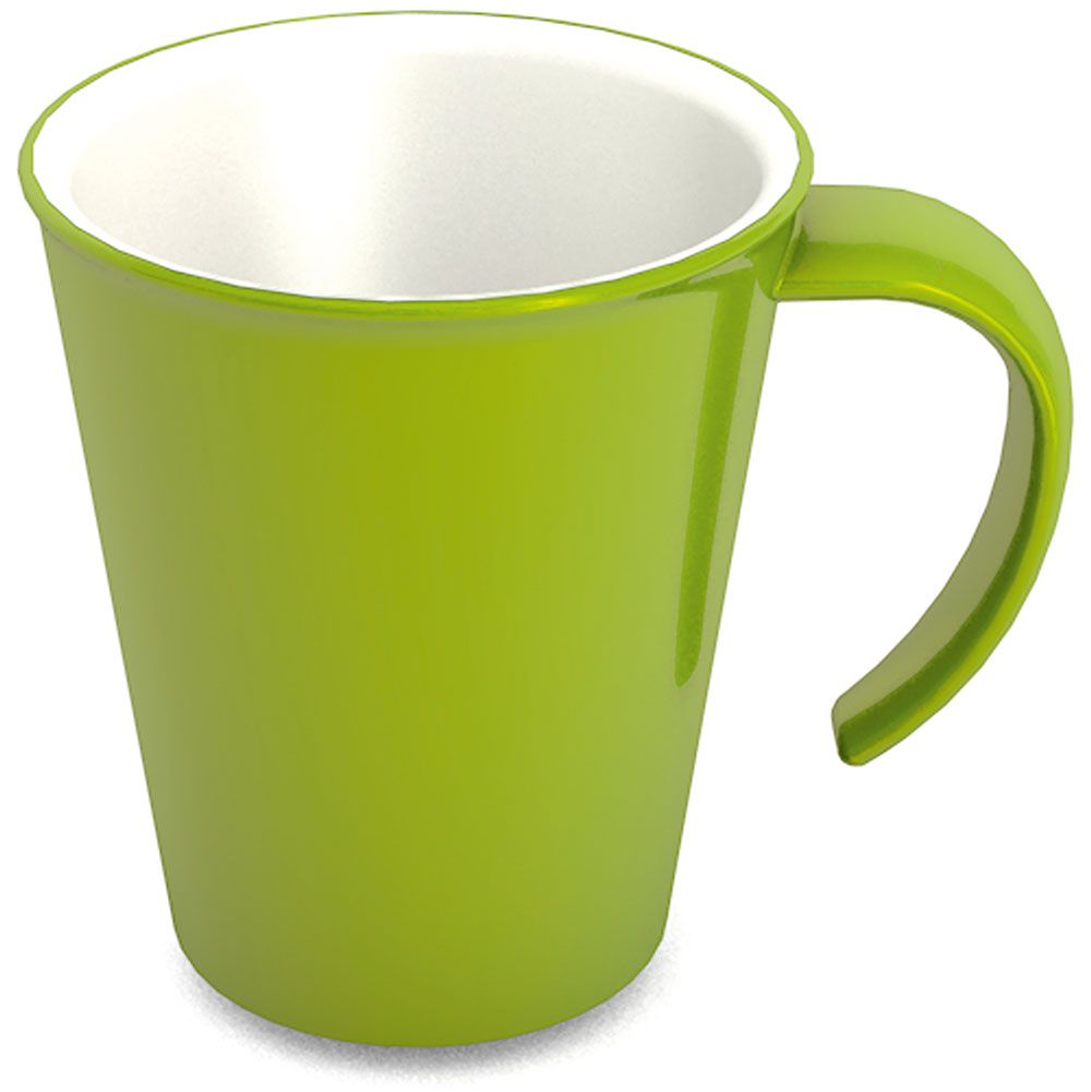 Grüner Becher mit weißem Innenraum und Henkel. Modell 1201.