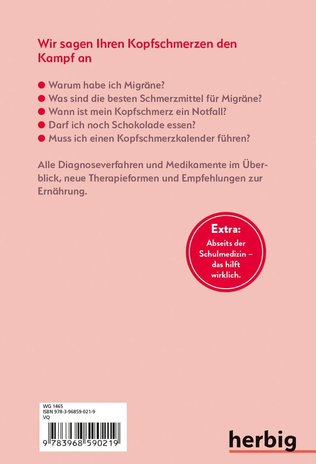 Rückseite des Buches Diagnose Kopfschmerz und Migräne. Text in Rot und Schwarz. Verlag: herbig. Mit einem runden Aufkleber.