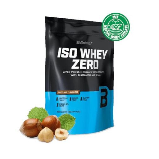 Schwarze Tüte mit blauem Streifen und Haselnüssen. Aufschrift: ISO WHEY ZERO, Hazelnut Flavoured. Enthält Molkenprotein, laktosefrei, zuckerfrei.