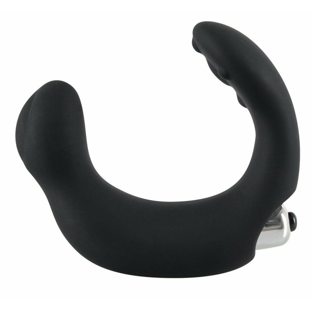 Schwarzer, U-förmiger Stimulator mit abgerundeten Enden und einem metallischen Element.