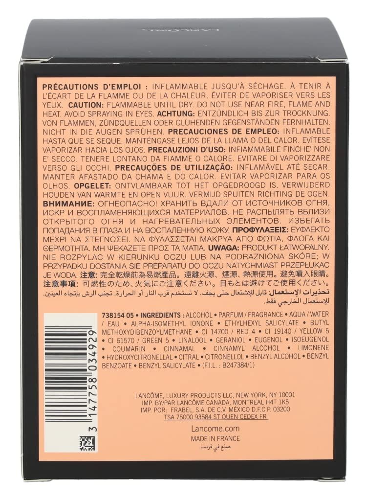 Rückseite der Verpackung von Trésor E.d.P. L'Eau de Parfum. Mehrsprachige Warnhinweise und Inhaltsstoffe.