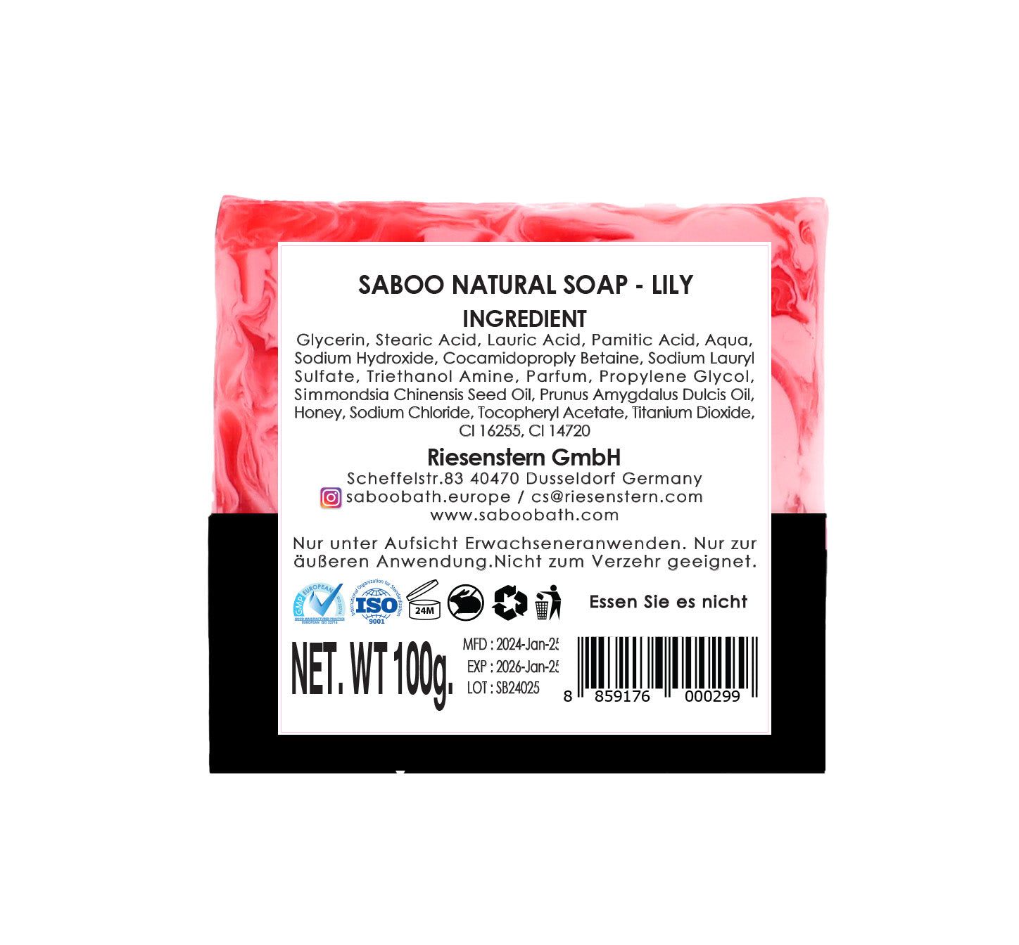 Rückseite der Seife mit Inhaltsstoffen und Herstellerinformationen. Text: Saboo Natural Soap - Lily, Netto-Gewicht 100g.