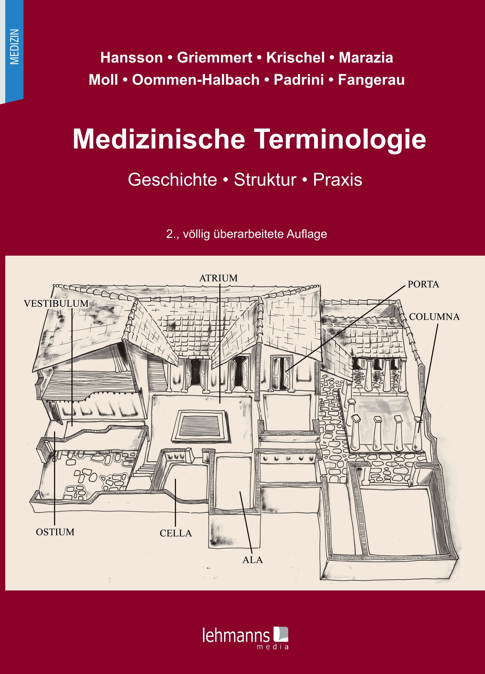 Buchcover: Medizinische Terminologie. Titel, Autoren, und Illustration eines antiken Gebäudes. Verlag: lehmanns media.