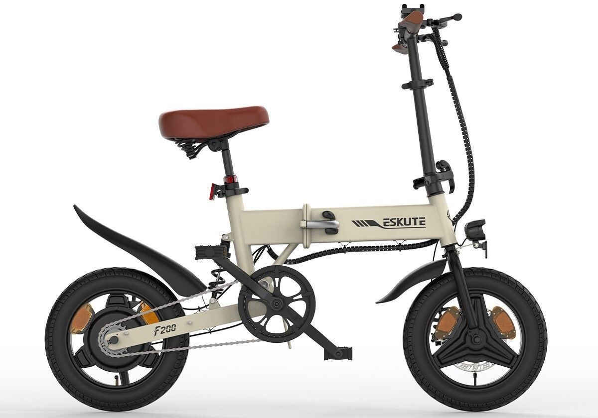 Faltbares Elektrofahrrad. Beige Rahmen, brauner Sattel und Lenker. Schwarze Reifen und Schutzbleche. Marke ESKUTE.