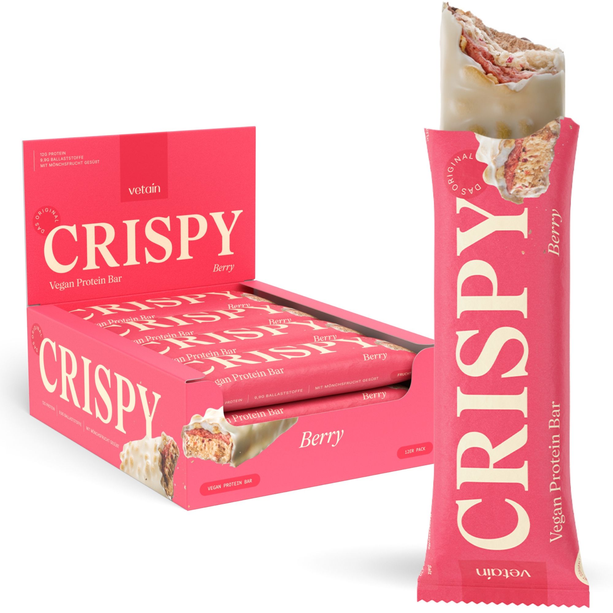 Proteinriegel-Packung mit 12 Riegeln. Riegel mit Aufschrift "CRISPY".  Beeren und Nährwerttabelle.  12 Riegel pro Box.