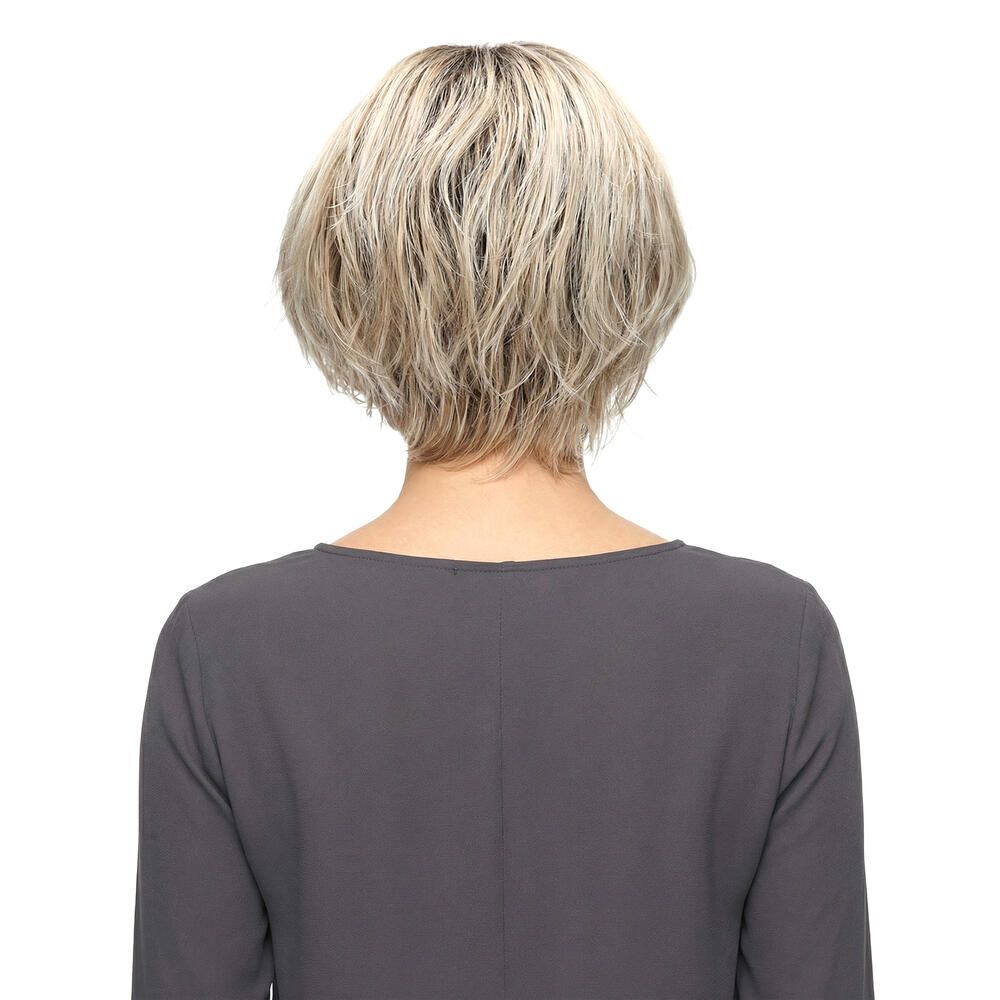 Kurzhaarperücke, blond mit dunklerem Ansatz. Rückansicht.