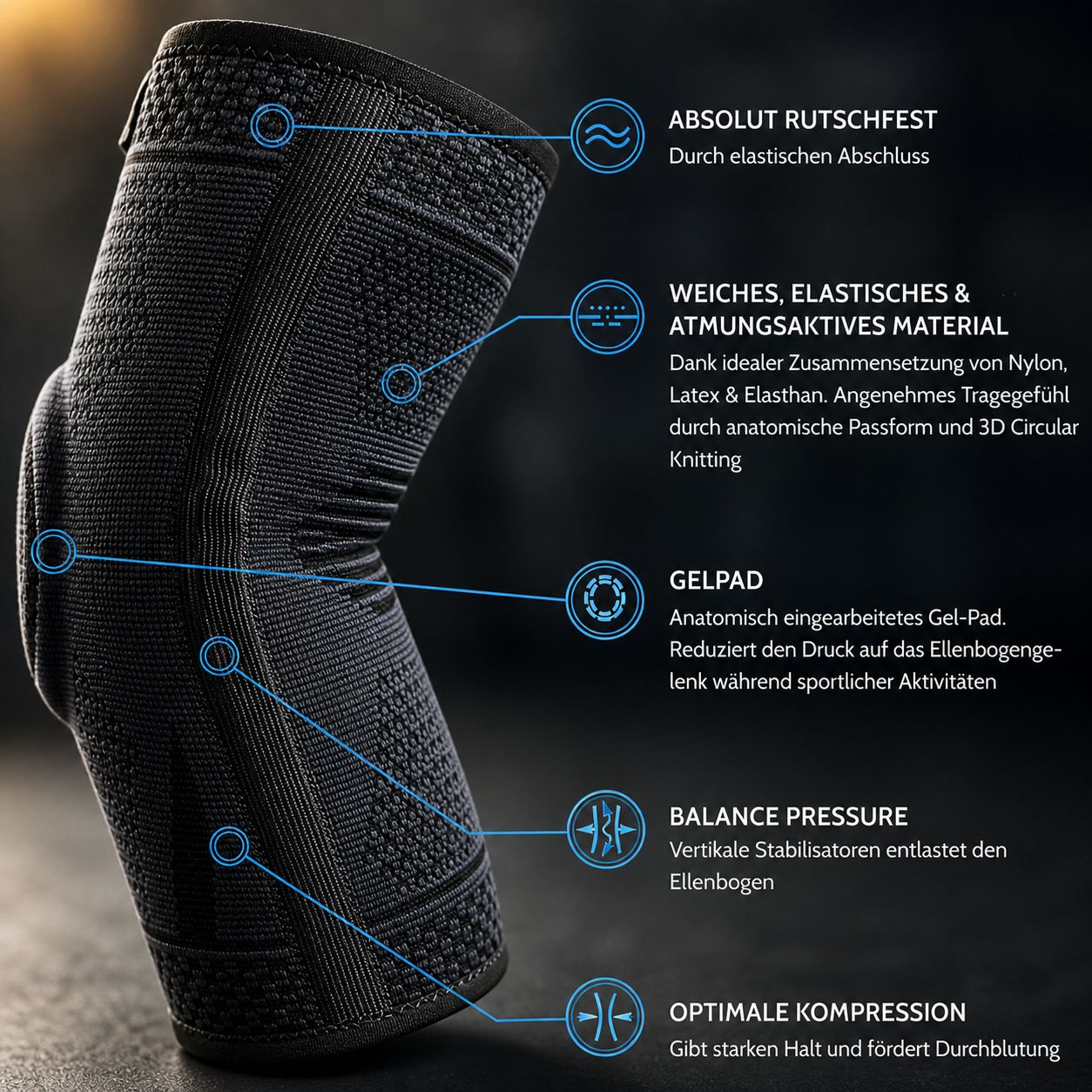 Ellbogenbandage. Schwarz, anatomische Passform, atmungsaktives Material, Gelpad, optimale Kompression, vertikale Stabilisatoren.