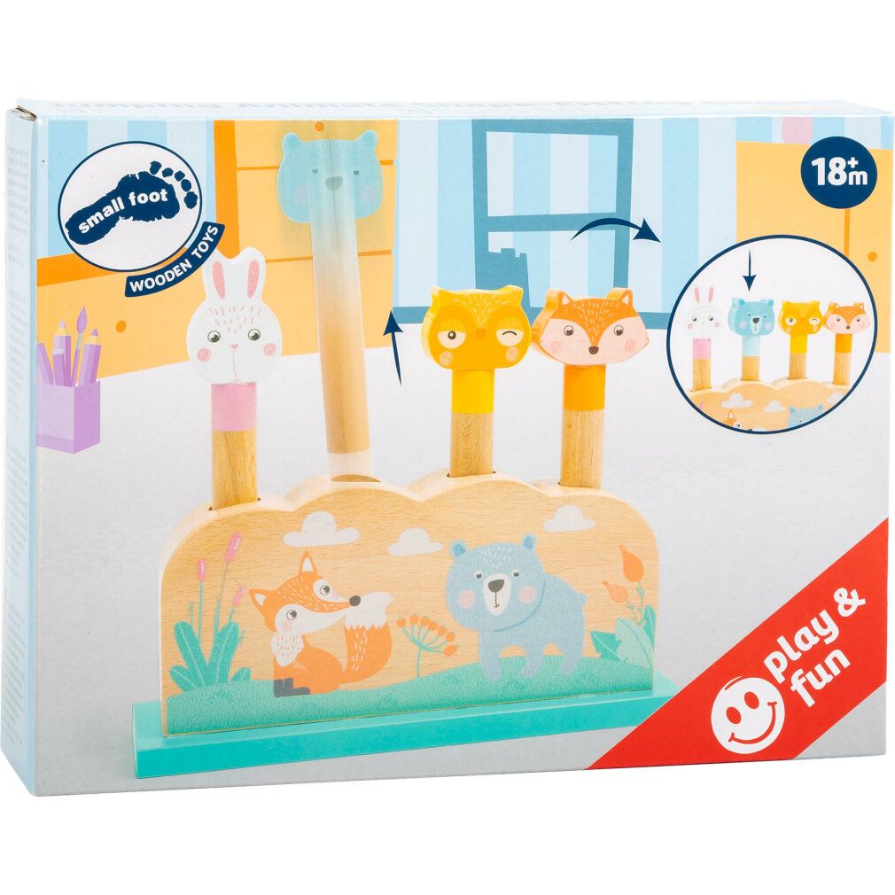 Verpackung von Holzspielzeug mit Tierfiguren. Hase, Bär, Eule und Fuchs. Altersempfehlung 18m+. Play & Fun.