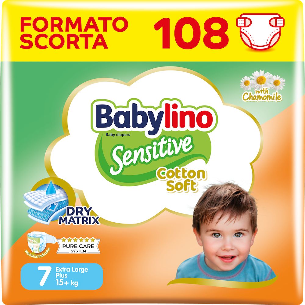 Babylino Sensitive Cotton Soft, Pannolini Taglia 7, Extra Large Plus (15+kg), 108 Unità