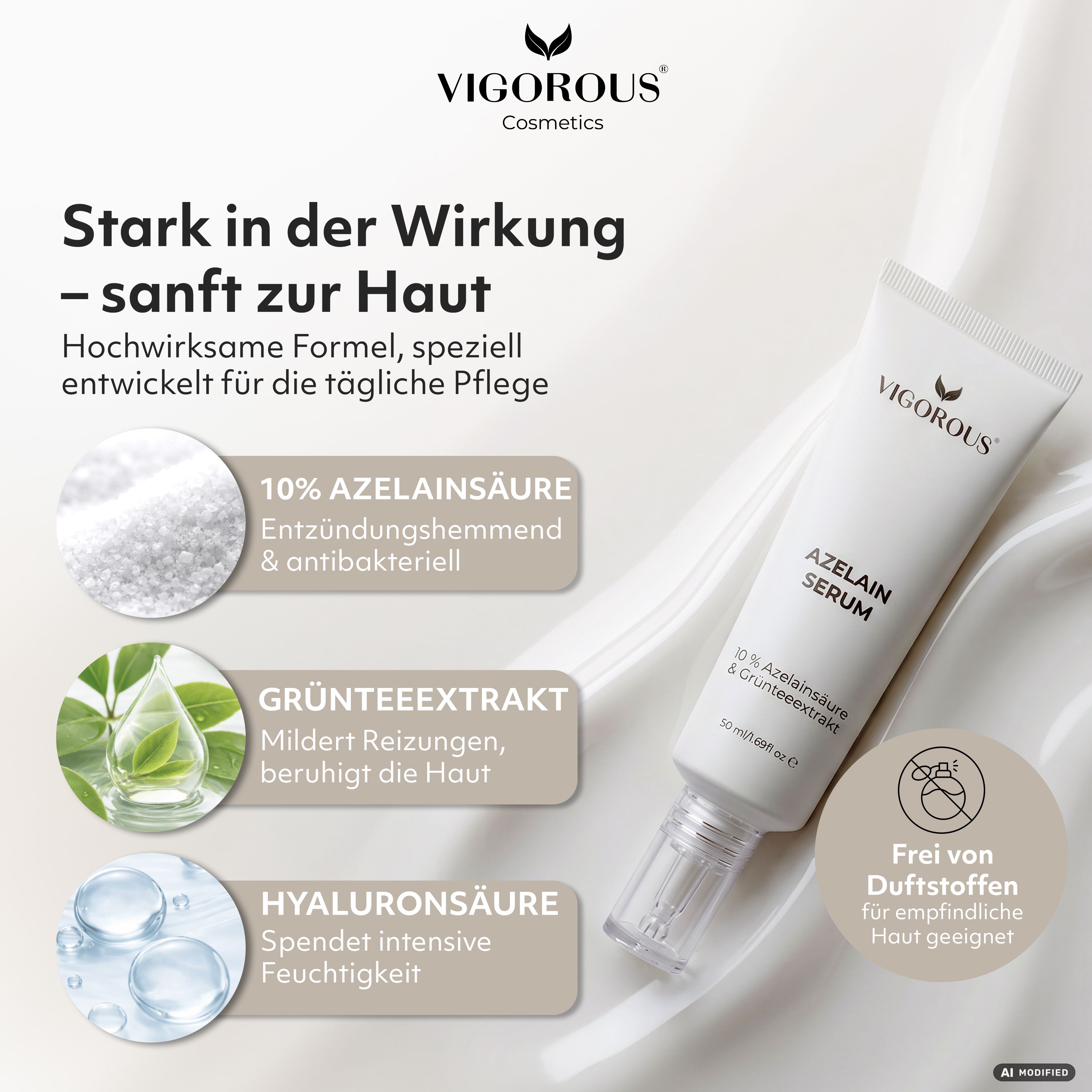 VIGOROUS Azelain Serum Tube mit Wirkstoff-Informationen: Azelainsäure, Grünteeextrakt, Hyaluronsäure.