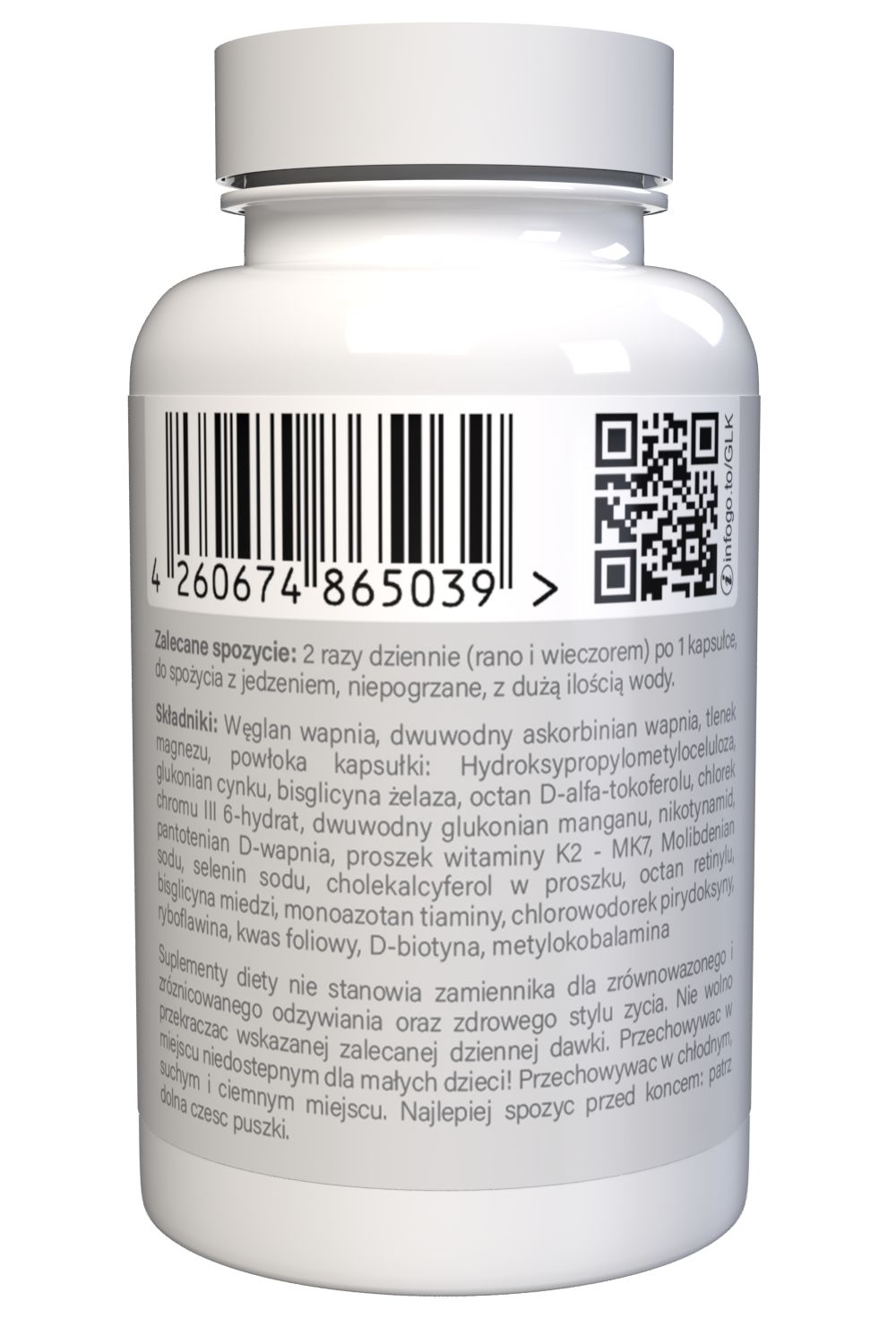 Weiße Flasche mit Kapseln. Aufkleber mit Barcode, QR-Code und Inhaltsangaben. Text in polnischer Sprache.