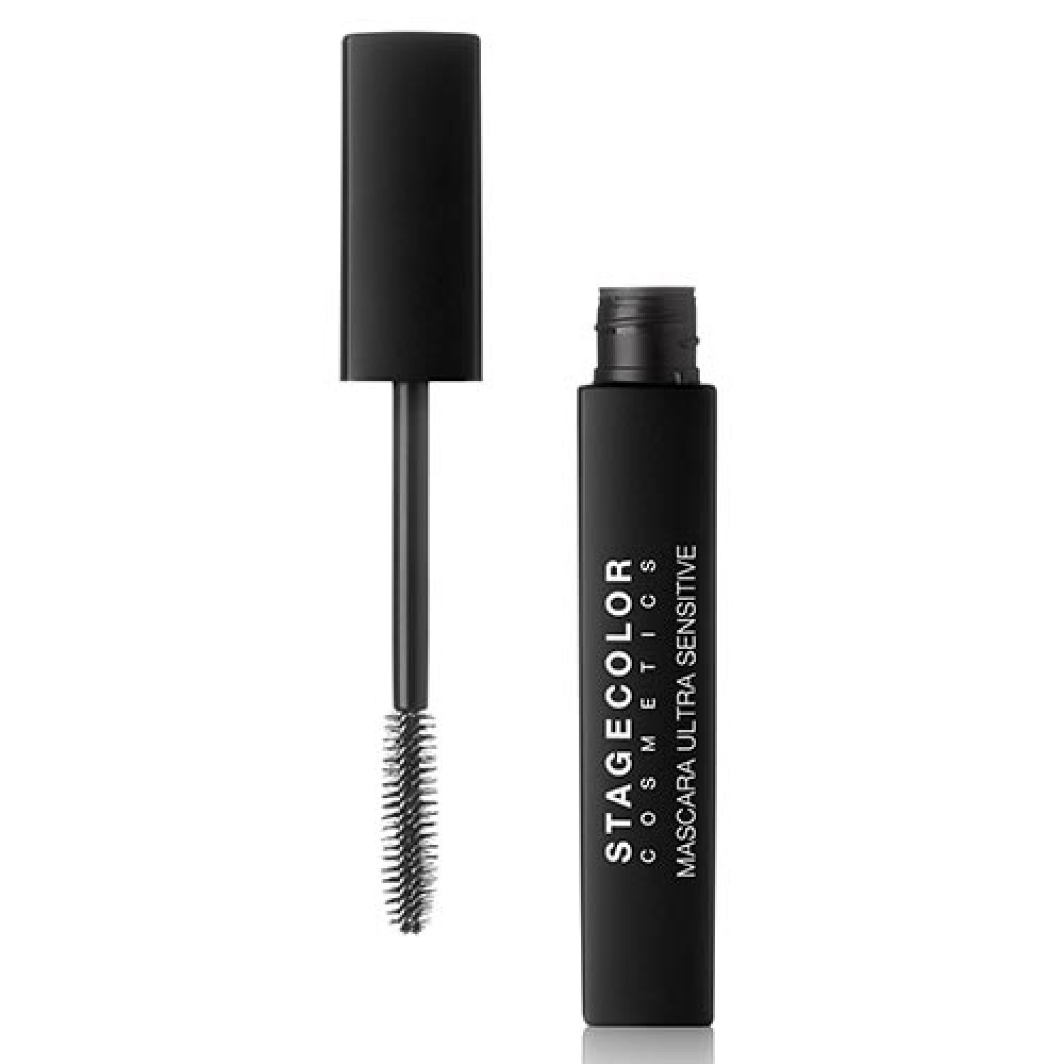 Schwarze Mascara-Tube mit geöffneter Bürste. Aufschrift: STAGECOLOR COSMETICS, Mascara Ultra Sensitive.