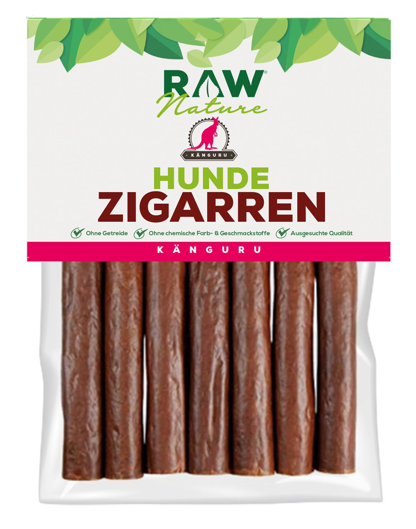 Verpackung mit Hundesnacks. Sichtbar sind braune, zigarrenförmige Kausnacks. Auf der Verpackung steht "RAW Nature" und "Känguru Hunde Zigarren".