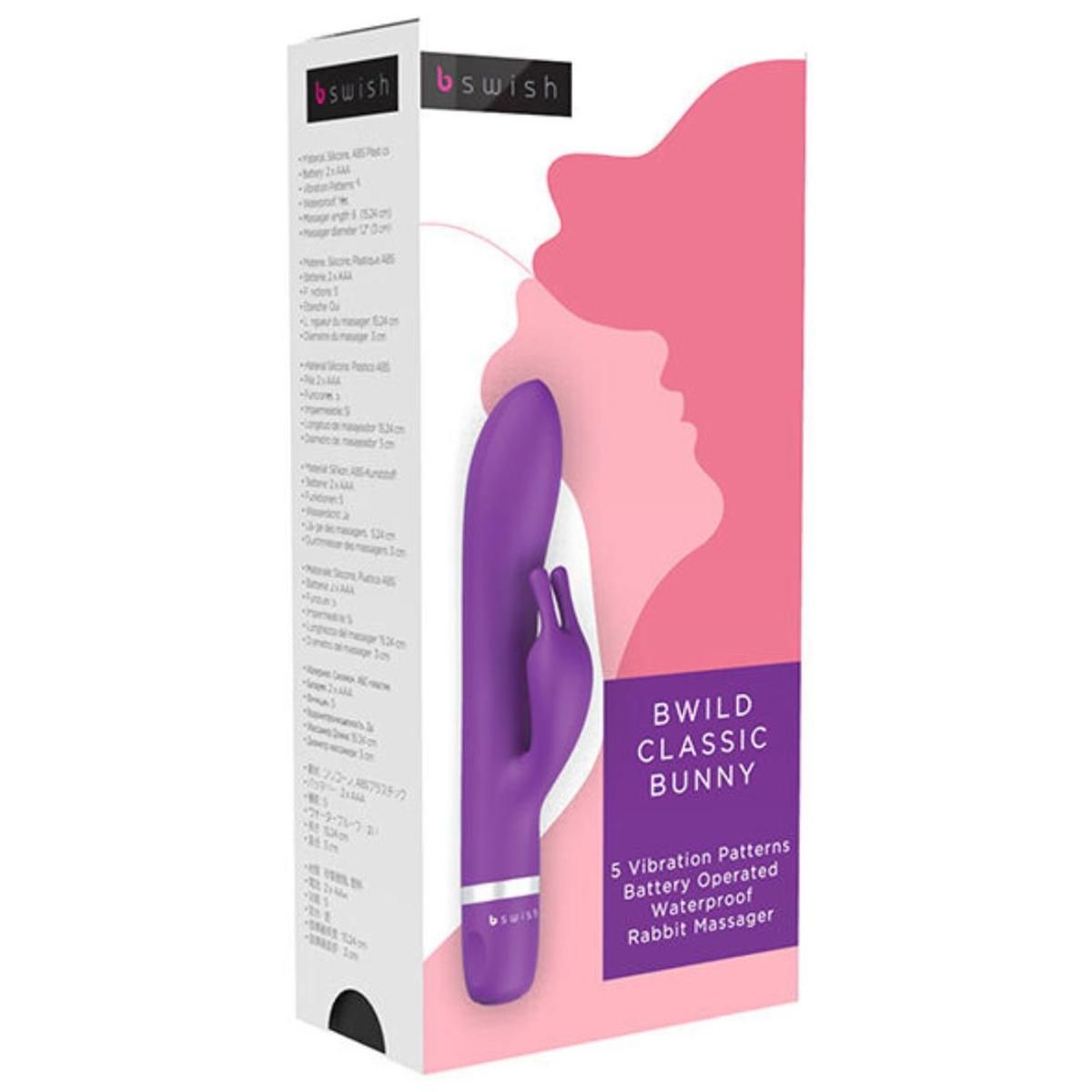 Verpackung mit lila Vibrator. Text: "B WILD CLASSIC BUNNY", "b swish".