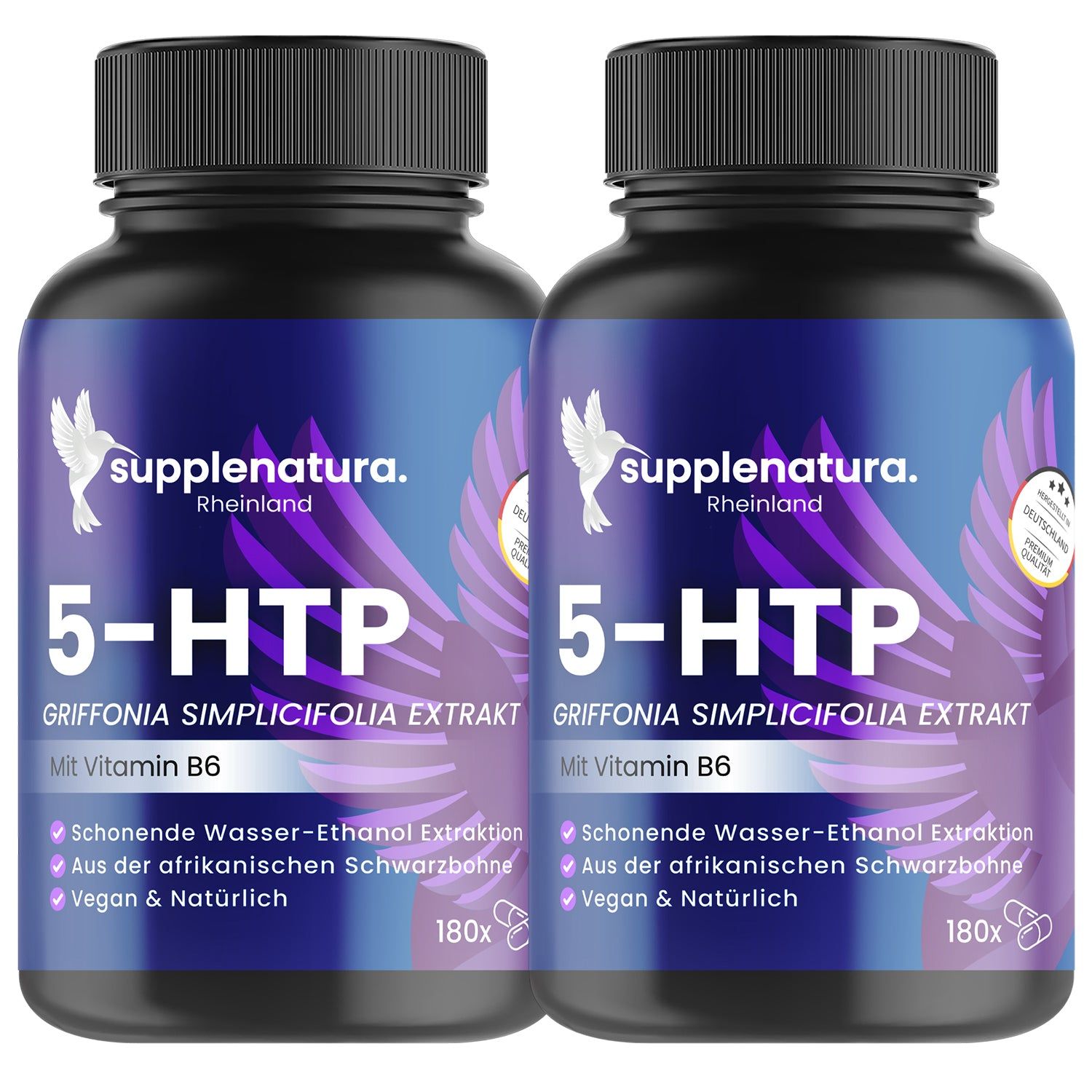 Zwei Flaschen supplenatura Rheinland® 5-HTP mit Vitamin B6. Schwarze Kappen, violette Etiketten mit weißem Text und Logo.