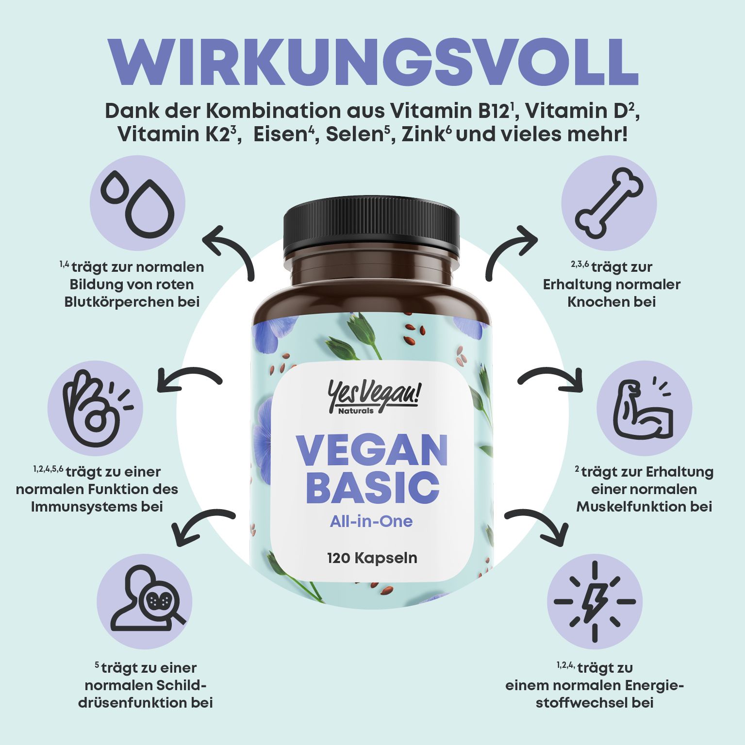 Yes Vegan® Vegan Basic - Vitamin B12 K2 D3 Eisen Zink Selen und Omega 3 - Kapseln