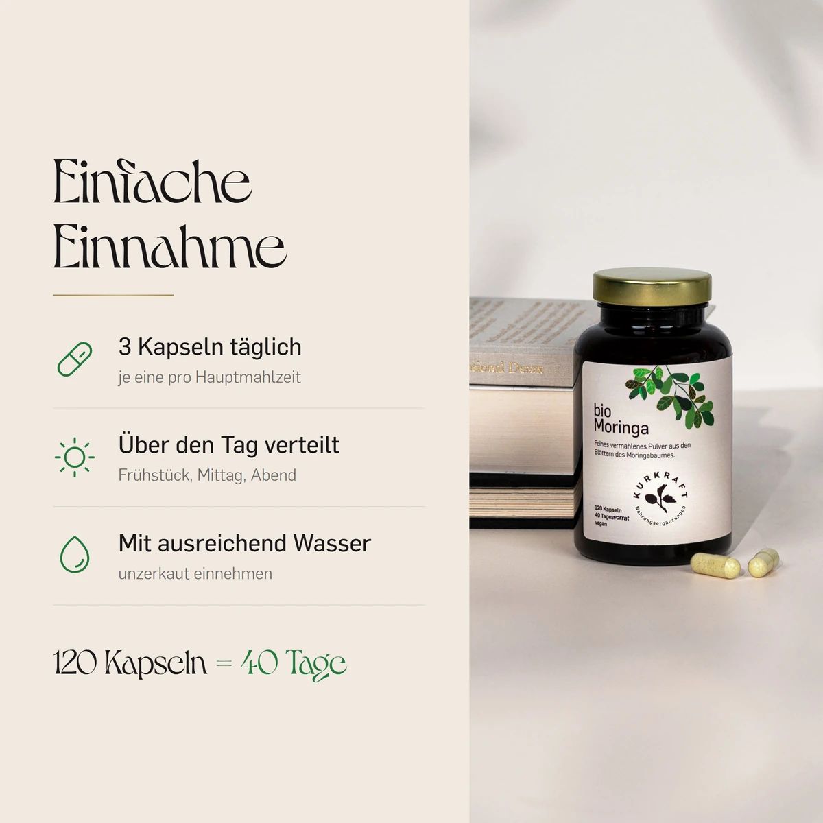 Kurkraft Bio Moringa Kapseln: Flasche, Kapseln und Anleitungs-Icons für einfache Einnahme.