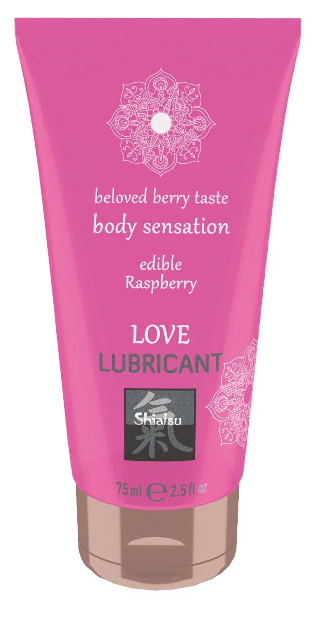 Rosa Tube mit weißer Schrift. Text: beloved berry taste, body sensation, edible Raspberry, LOVE LUBRICANT. Marke Shiatsu. 75ml 2.5 fl oz.