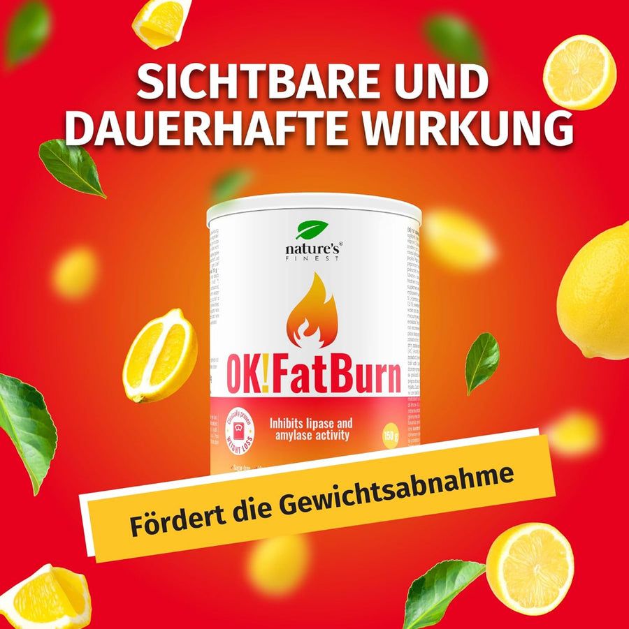OK!FatBurn Dose, Nature's Finest. Fördert die Gewichtsabnahme. Zitrone und Blätter.