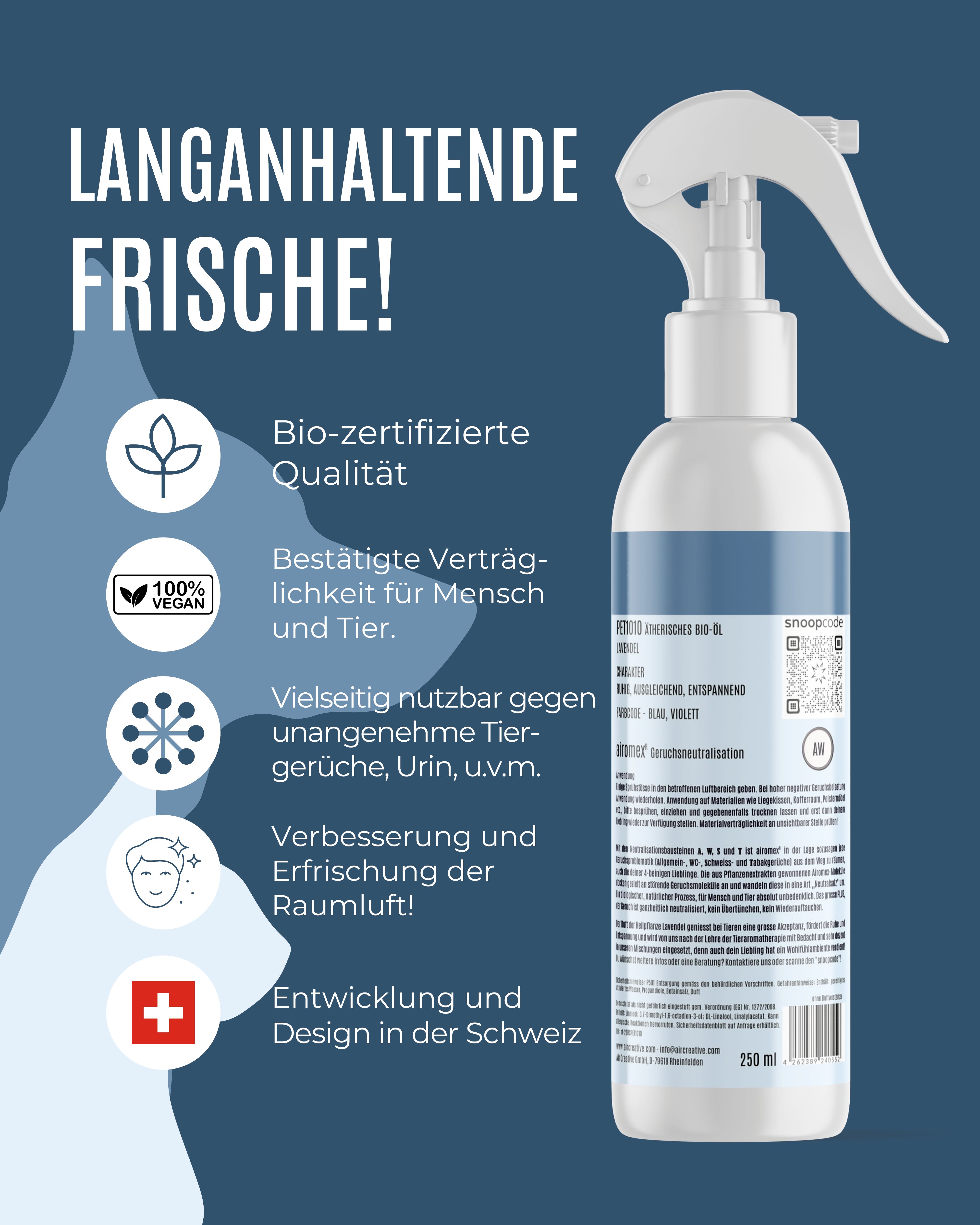 Weiße Sprühflasche mit blauem Etikett. Text: Air Creative, Airomex® AW. Mit Icons und Text. 250 ml.