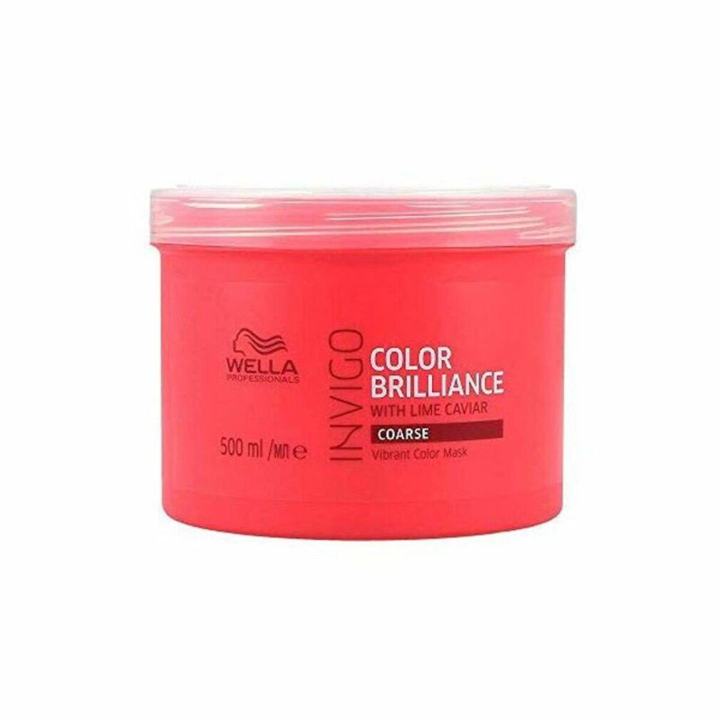 Rote Dose mit weißem Deckel. Aufschrift: Wella Invigo Color Brilliance, Coarse, Vibrant Color Mask.