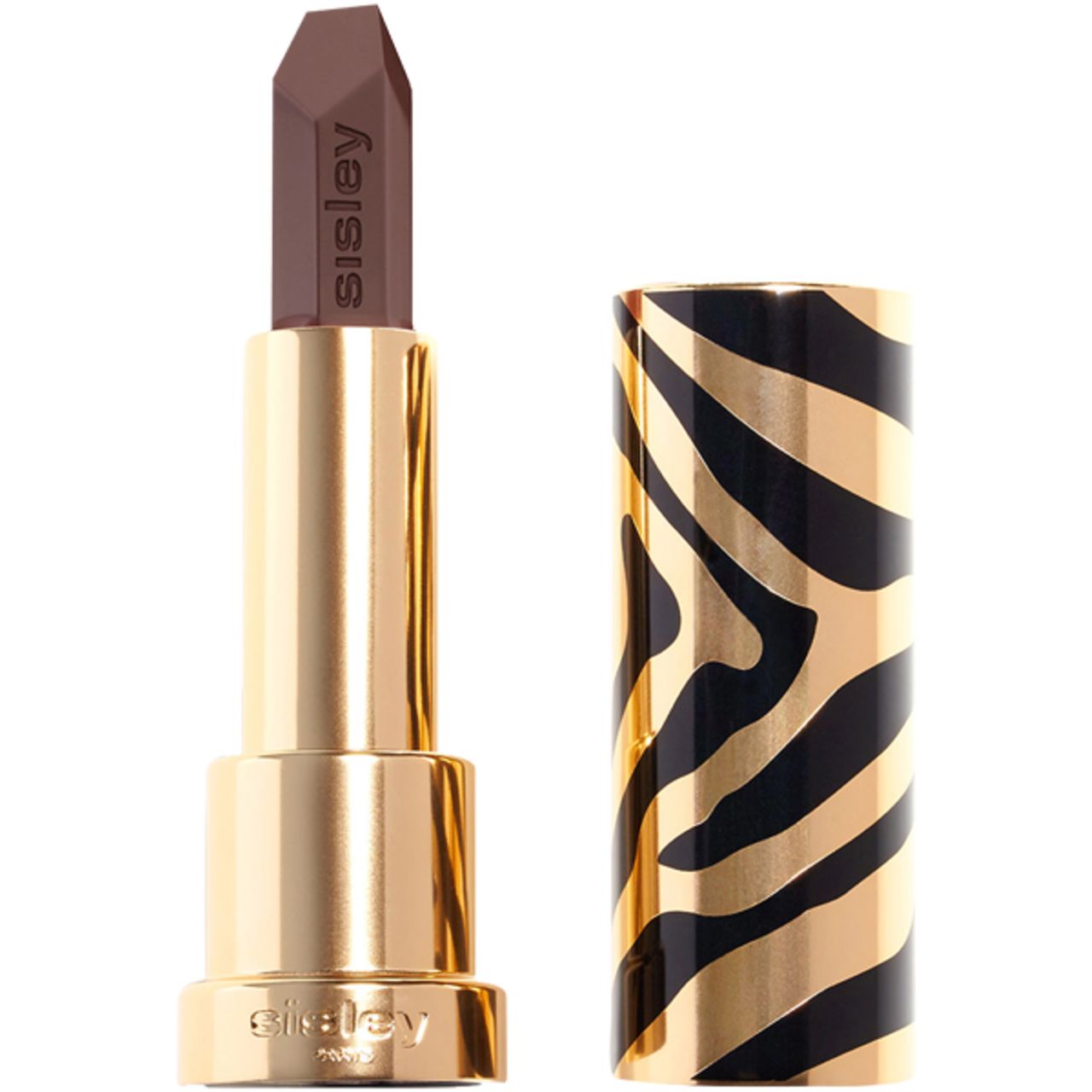 Lippenstift mit brauner Spitze und goldener Hülse mit Zebra-Muster. Marke: Sisley.