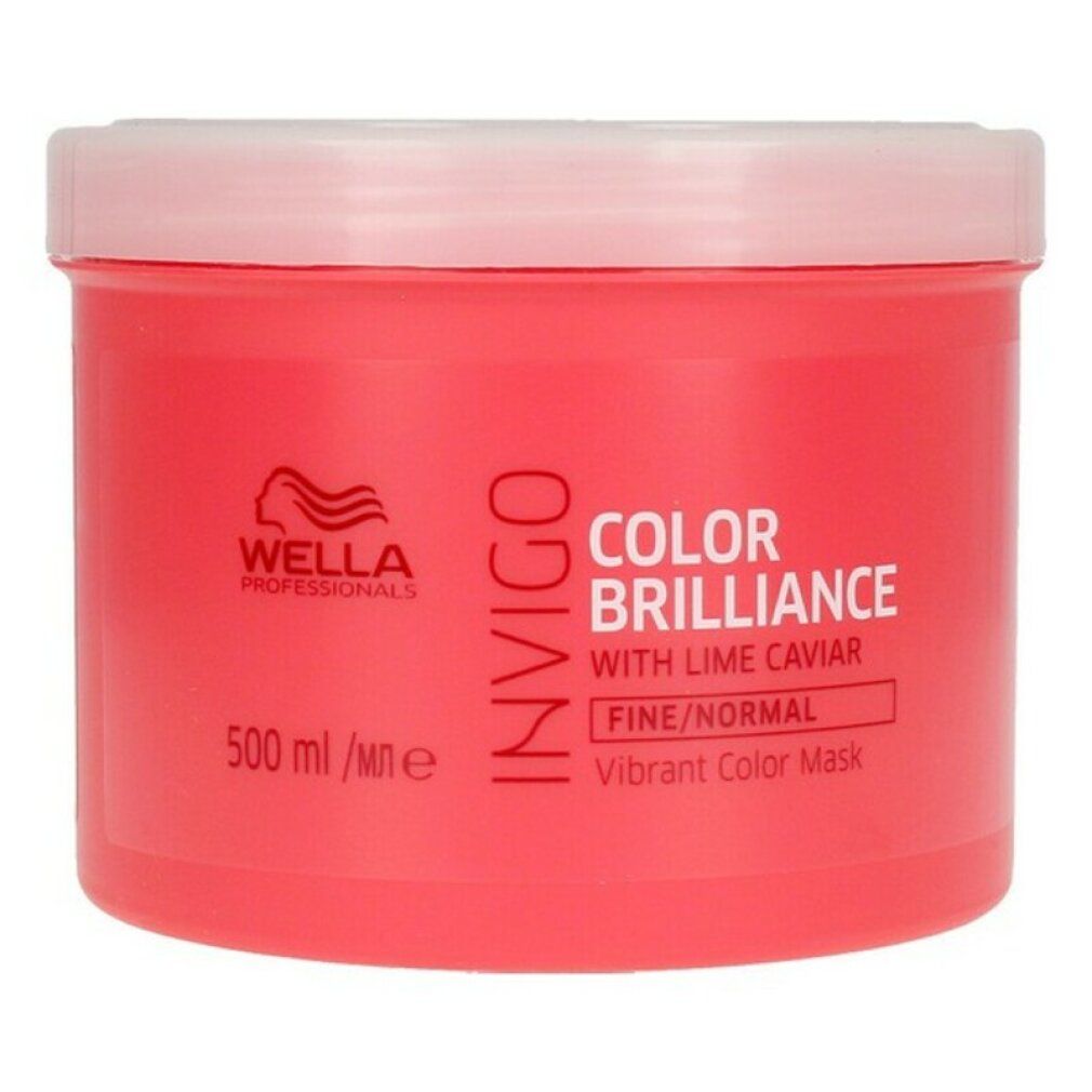 Rote Dose mit weißem Deckel. Aufschrift: Invigo Color Brilliance, mit Limettenkaviar. 500 ml.