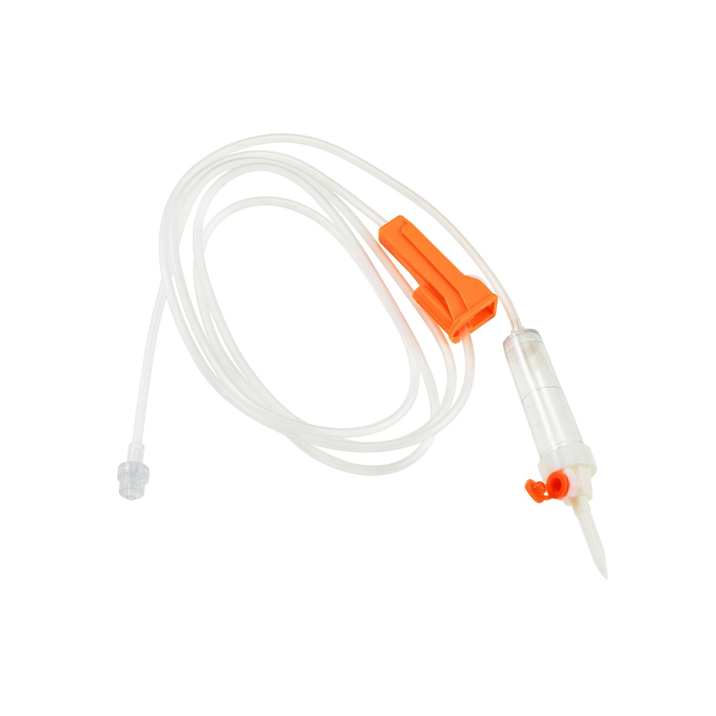 Infusionsgerät mit transparentem Schlauch, orangefarbenem Anschluss und Tropfkammer. Nadelspitze sichtbar.