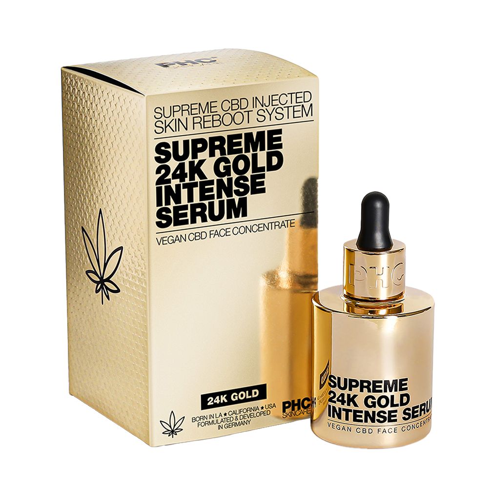 Goldene Serumflasche und Verpackung. Aufschrift: Supreme 24K Gold Intense Serum. Mit Hanfblatt-Logo.
