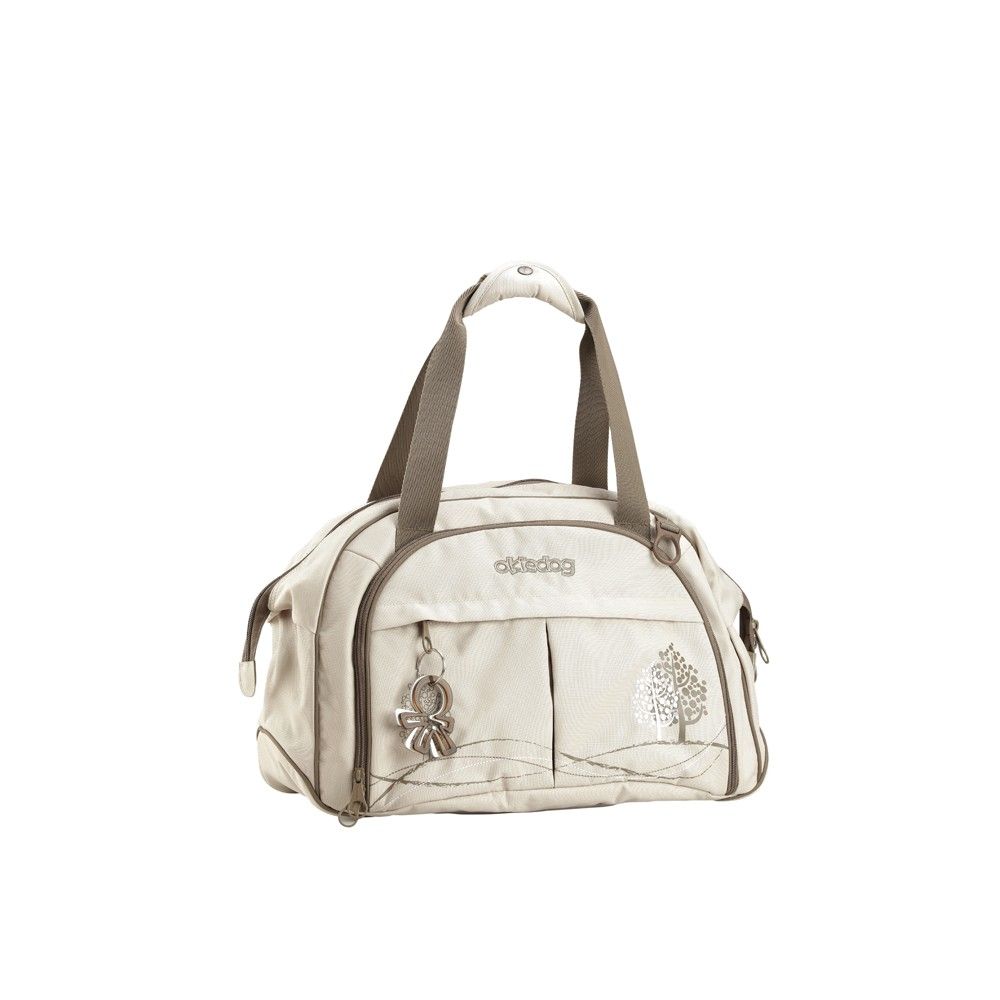 Beige Reisetasche mit braunen Akzenten. Schulterriemen, Tragegriffe. Baum- und Logo-Design. Reißverschluss-Taschen.
