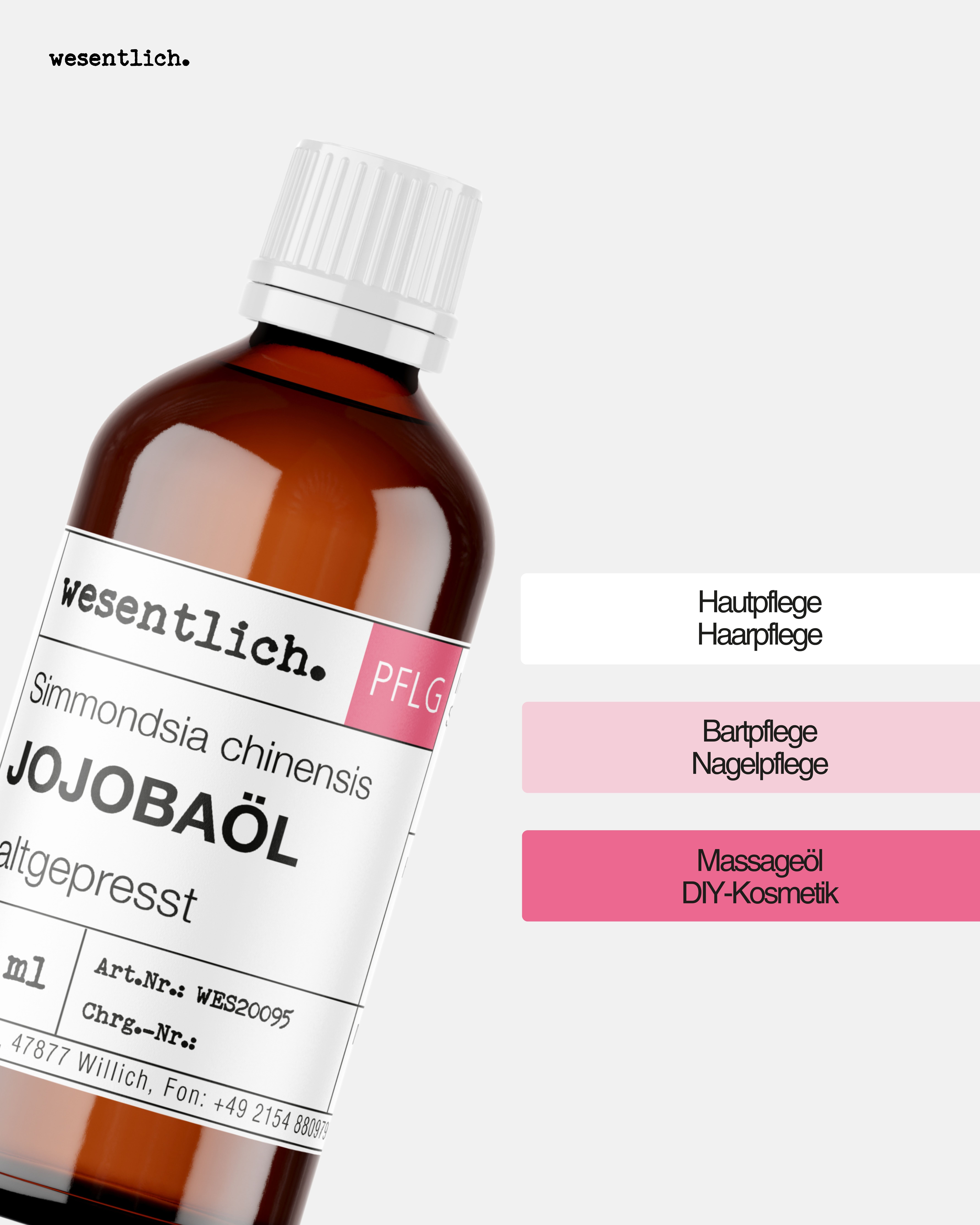 Flasche Jojobaöl neben Farbfeldern mit Anwendungsbereichen: Hautpflege, Haarpflege, Bartpflege, Nagelpflege, Massageöl, DIY-Kosmetik.
