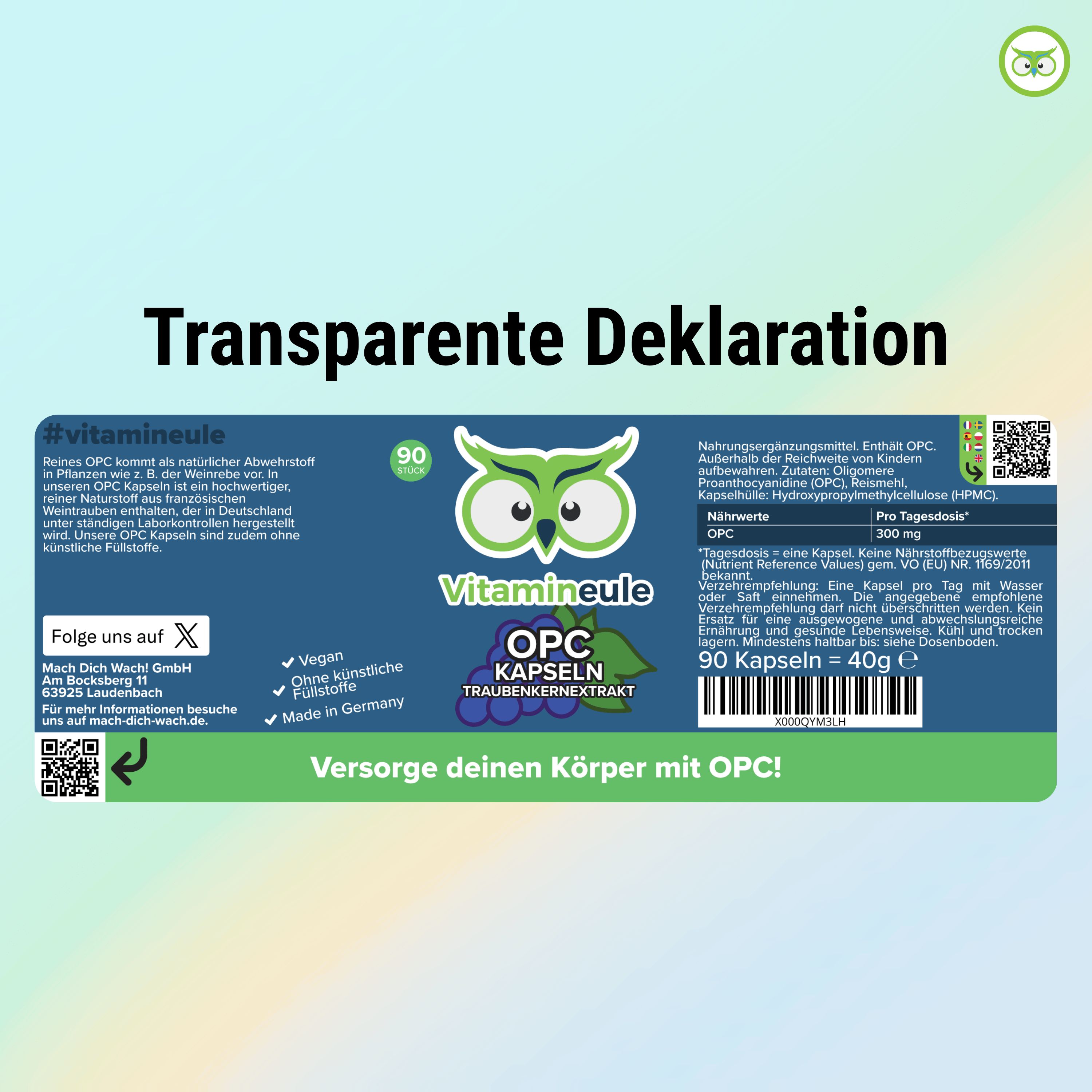 Etikett mit Produktinformationen: Vitamineule OPC Kapseln, 90 Kapseln, Traubenkernextrakt. Nährwerte, Inhaltsstoffe, Herstellerinformationen.