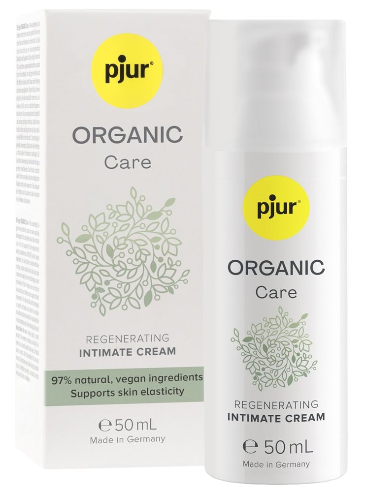 pjur® ORGANIC Care Regenerating Intimate Cream Spenderflasche und Verpackung, 50ml.
