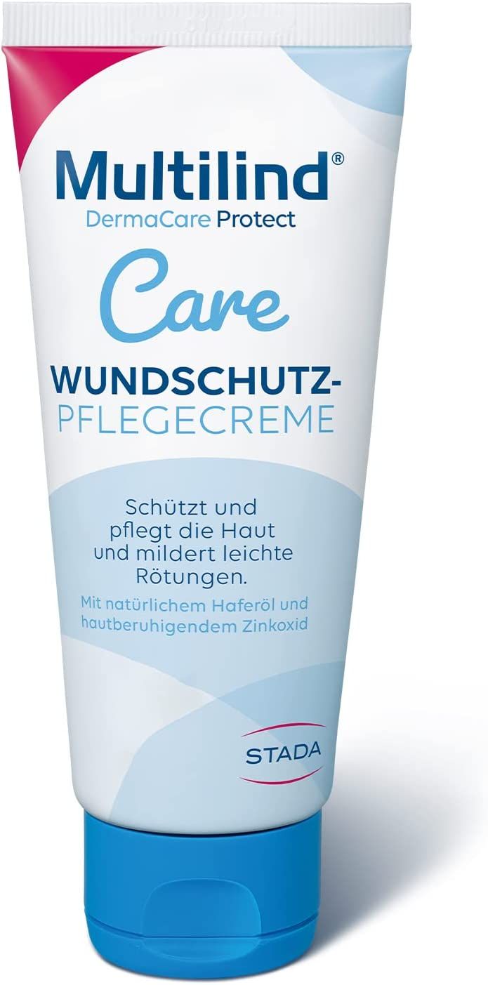 Tube mit Produktnamen und -details. Blaue Kappe. Text: Wundschutz-Pflegecreme. Schützt und pflegt die Haut und mildert leichte Rötungen.