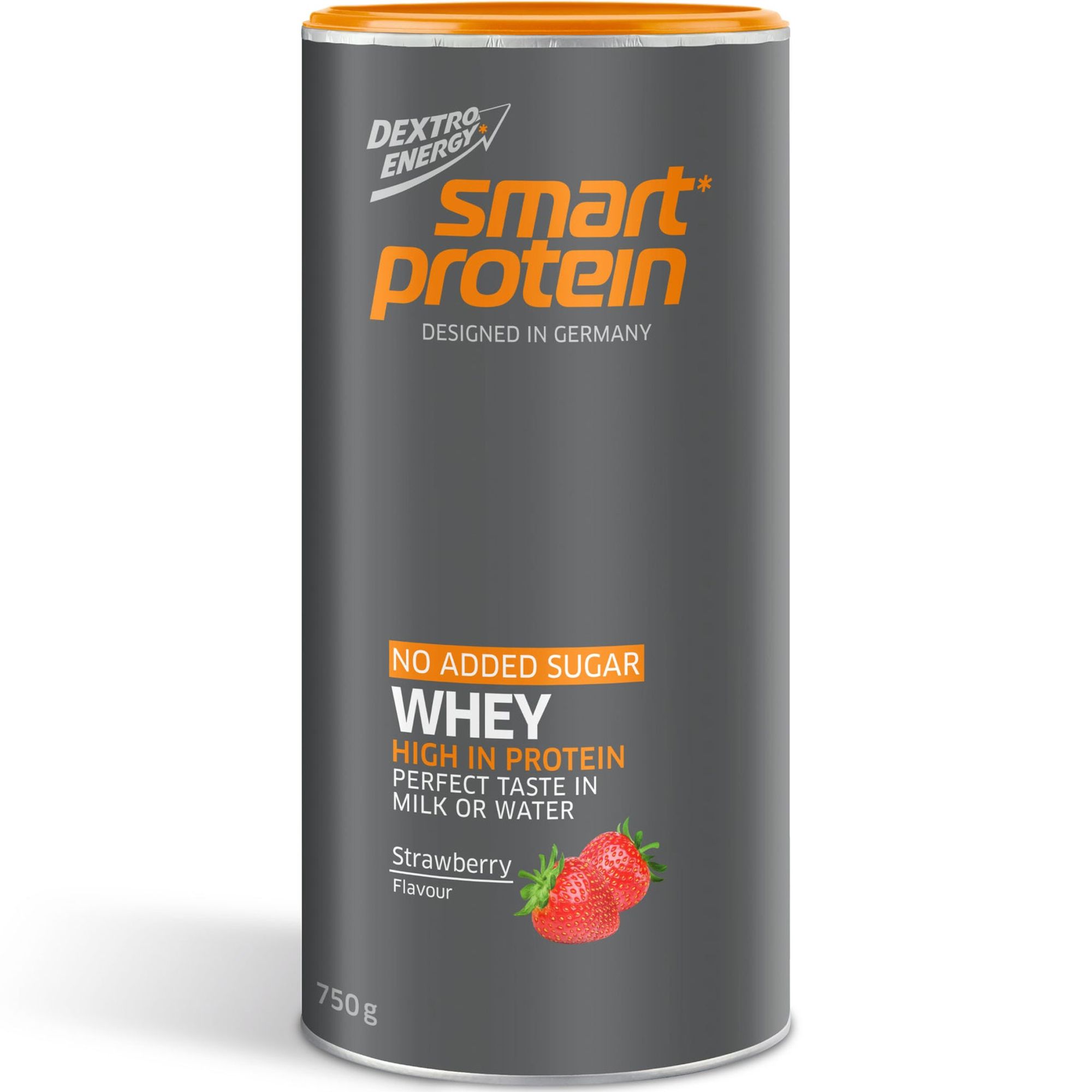 Zylinderförmige Dose mit "Smart Protein Whey". Aufschrift: "No Added Sugar Whey High in Protein". Erdbeer-Abbildung.