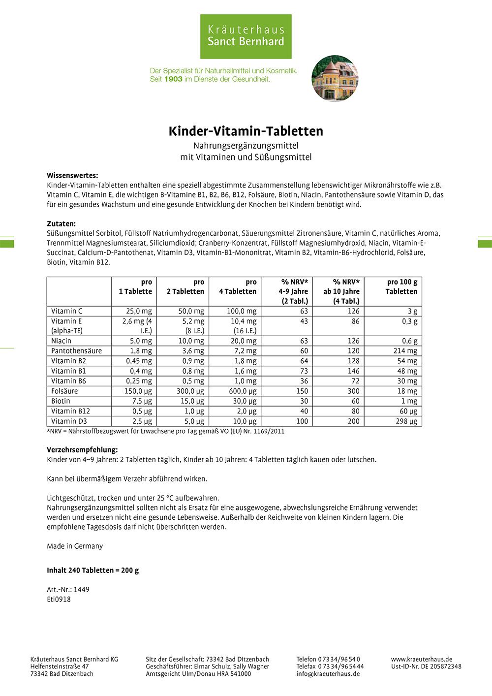 Sanct Bernhard Kinder-Vitamin-Tabletten