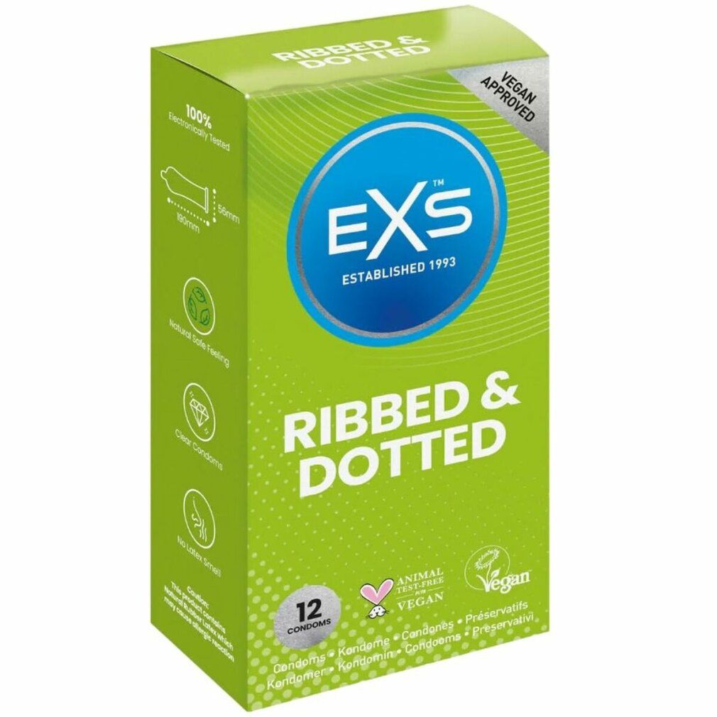 Grüne Schachtel EXS Ribbed & Dotted Kondome. 12 Stück. Vegan Approved.
