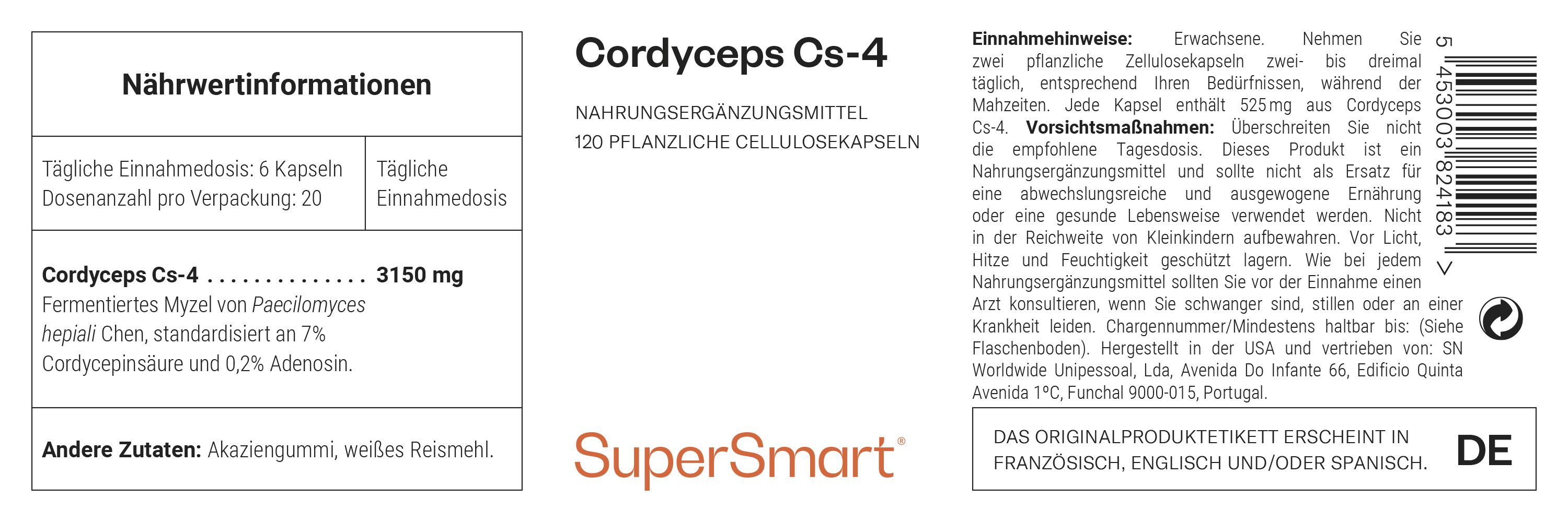 Etikett mit Produktinformationen. Cordyceps Cs-4, 120 pflanzliche Zellulosekapseln. SuperSmart-Logo. Nährwertinformationen.