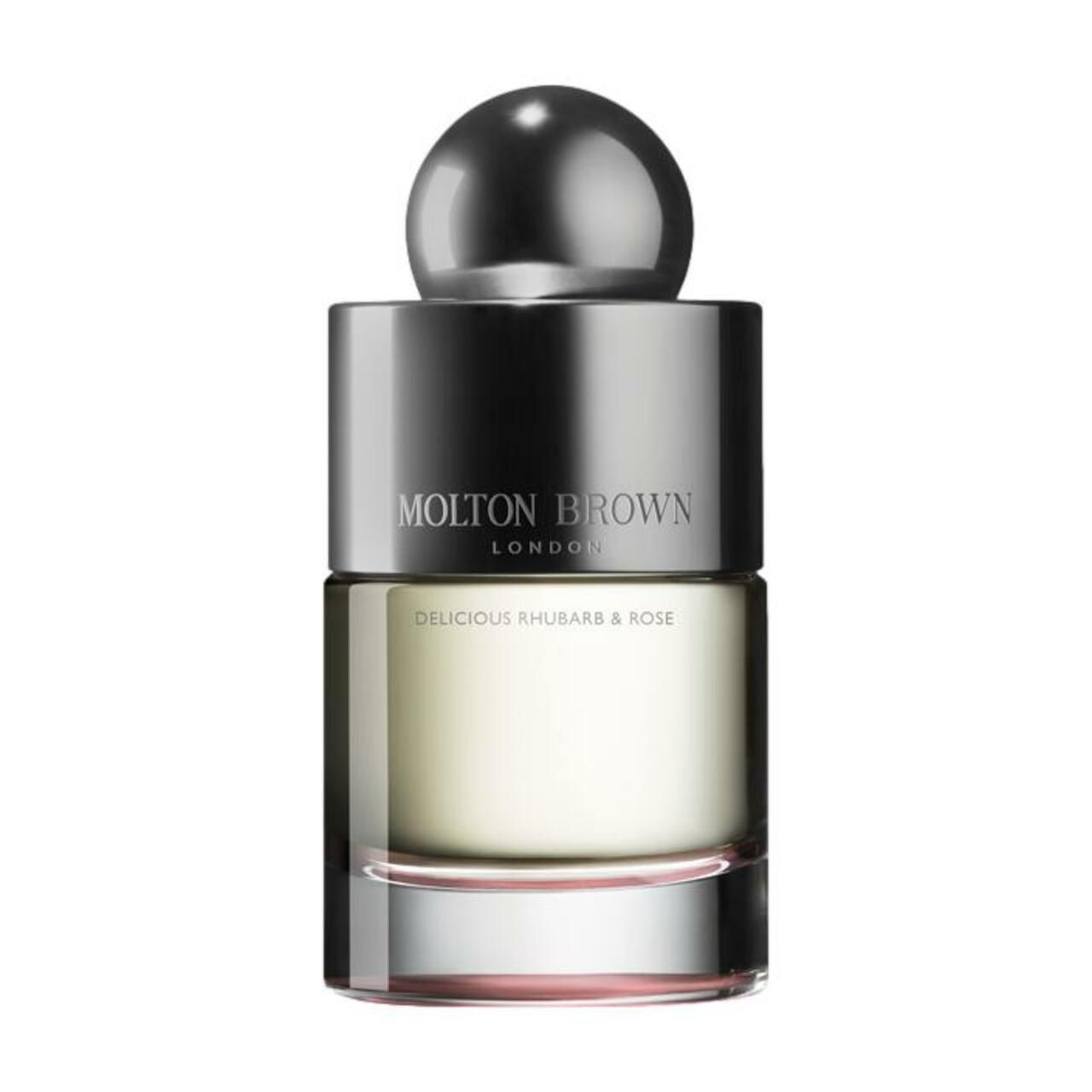 Glasflakon mit silbernem Verschluss. Aufschrift: Molton Brown, Delicious Rhubarb & Rose. Flüssigkeit hellgelb.