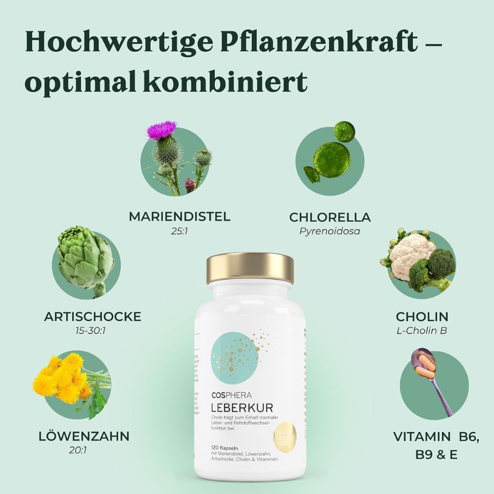Produktflasche mit Zutaten-Illustrationen: Mariendistel, Artischocke, Löwenzahn, Chlorella, Cholin, Vitamin B6, B9 & E. Text: Cosphera Leberkur.