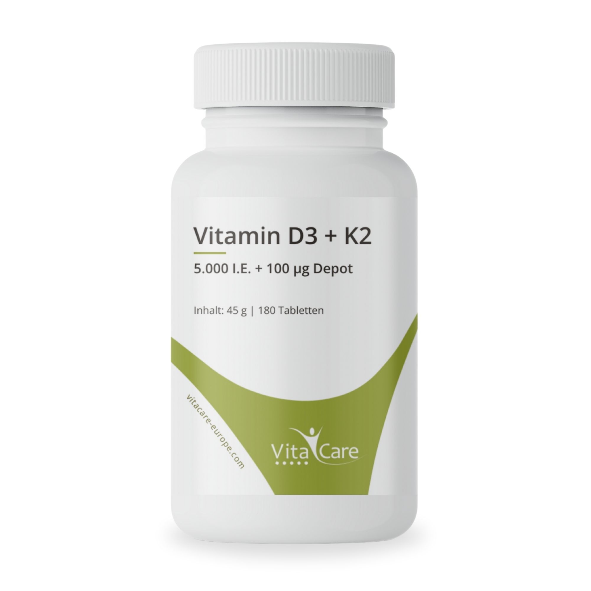 Weiße Flasche VitaCare Vitamin D3 + K2, 5.000 I.E. + 100 µg Depot. Text: VitaCare-europe.com.
