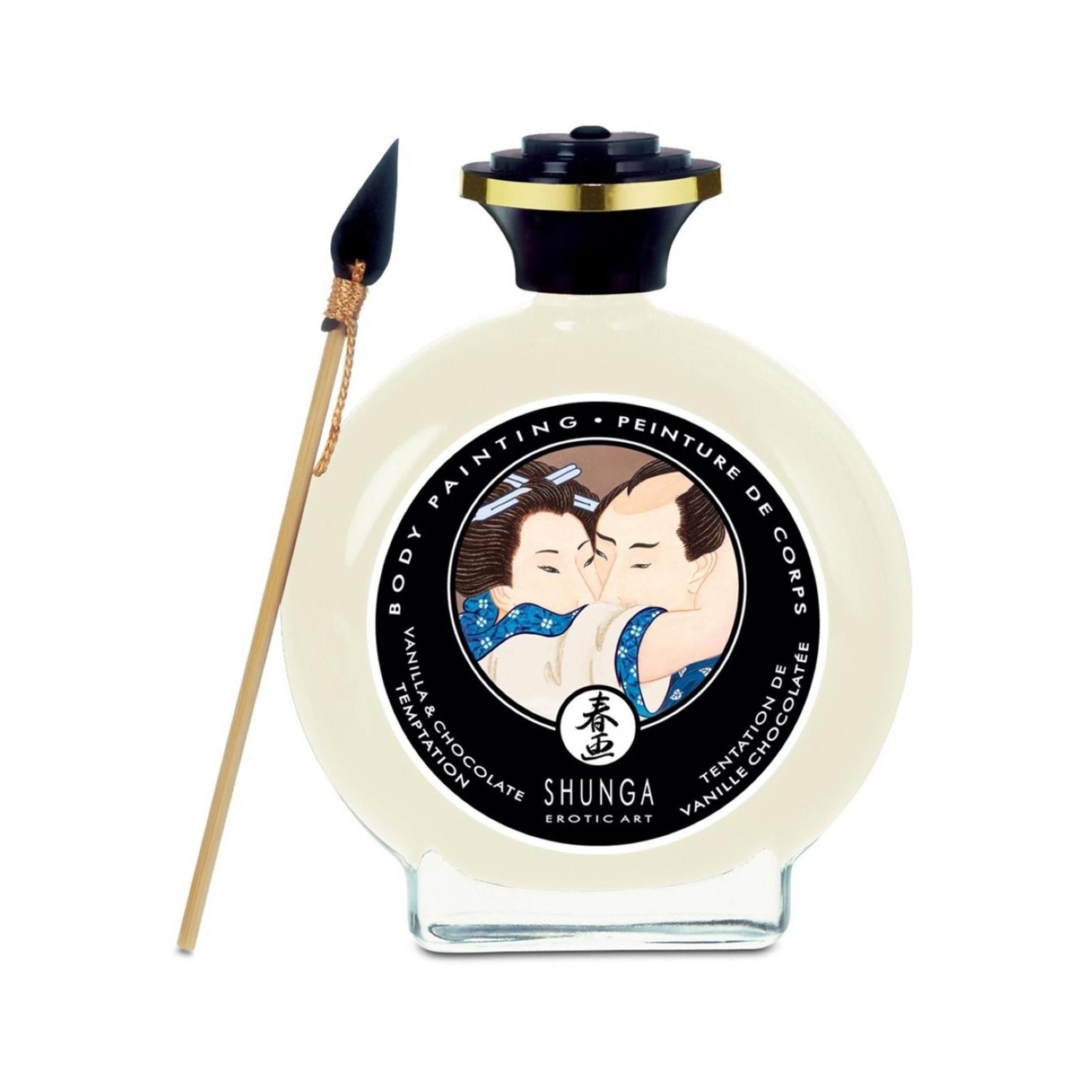 Runde Flasche mit schwarzem Deckel und Aufdruck. Beiliegend ein Pinsel. Aufschrift: Shunga.