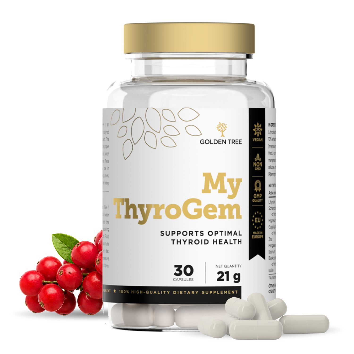 Golden Tree My ThyroGem Kapseldose mit 30 Kapseln, 21g. Beeren und Kapseln daneben.