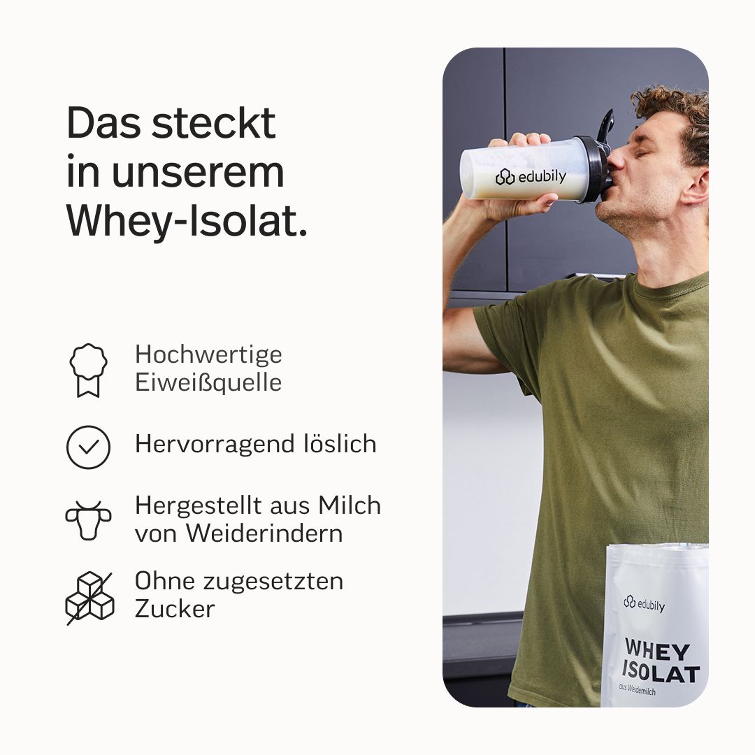 Mann trinkt Proteinshake. Edubily Whey Isolat: Hochwertige Eiweißquelle, löslich, aus Weidemilch, ohne Zucker.