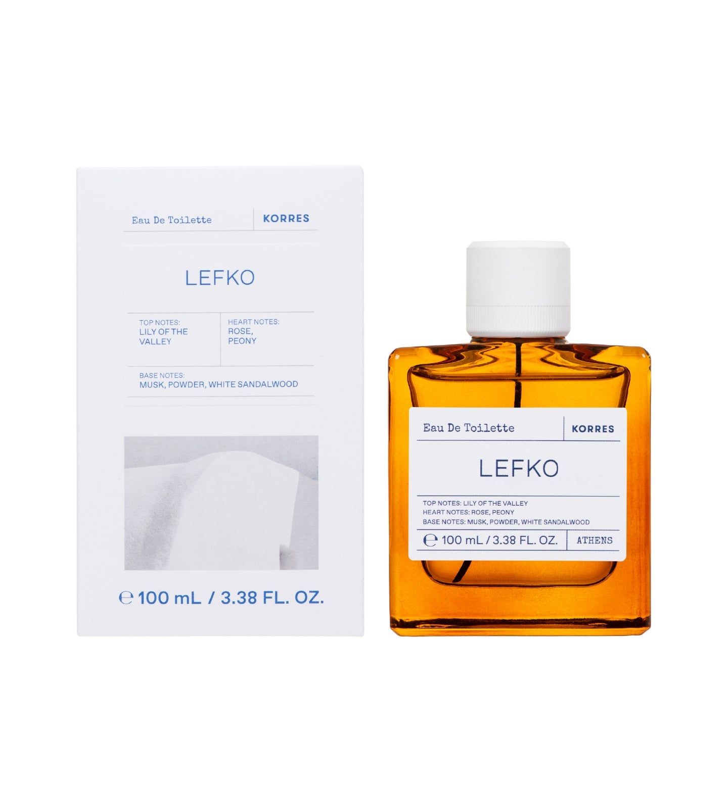 Flakon und Verpackung. Eckiger Flakon mit weißem Verschluss. Aufschrift: Lefko, Eau de Toilette, KORRES. Verpackung mit Produktinformationen.