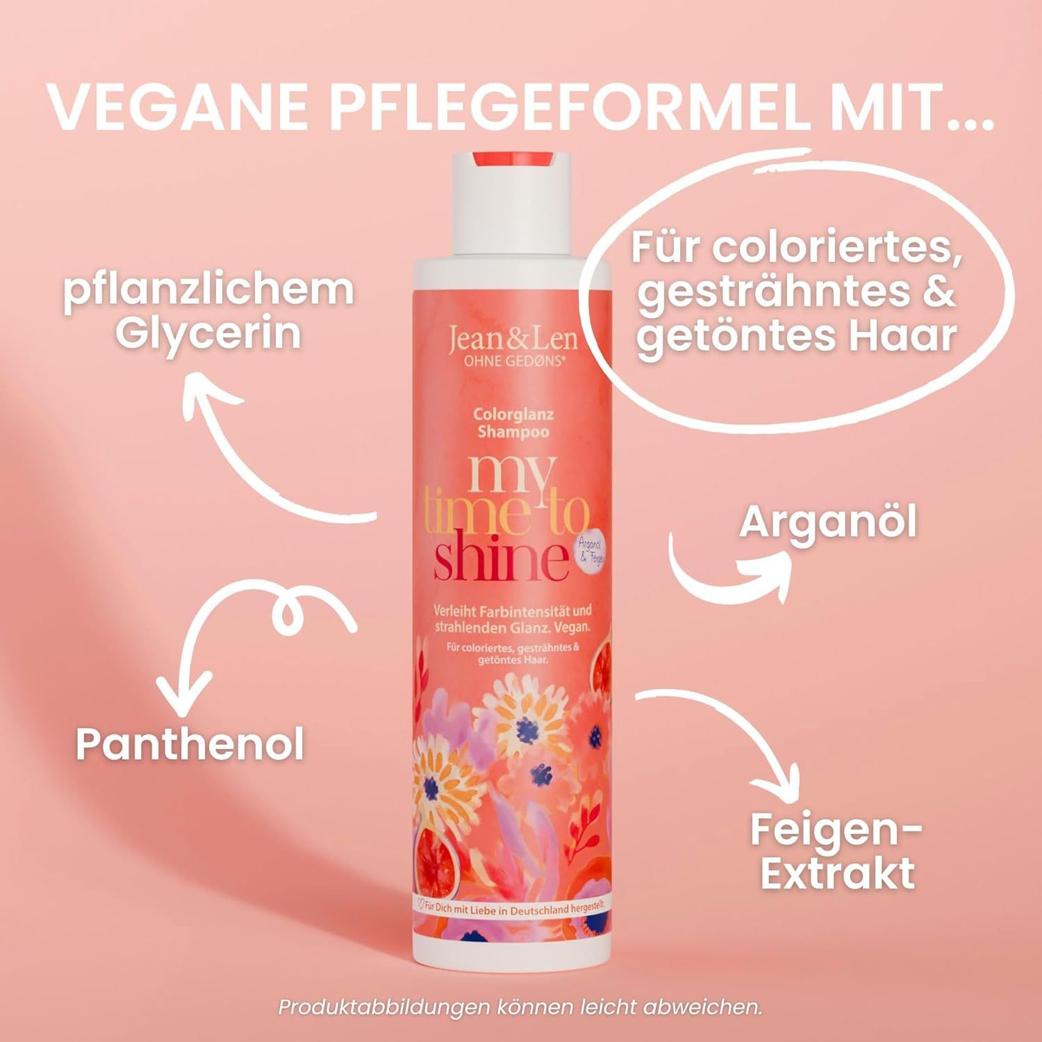 Shampoo-Flasche mit pinkfarbenem Etikett. Text: Jean & Len, Color Glanz Shampoo, My time to shine. Pfeile zeigen auf Inhaltsstoffe.