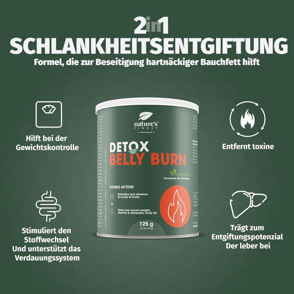 Nature's Finest Detox Belly Burn Dose mit Icons für Gewichts- und Leberunterstützung.