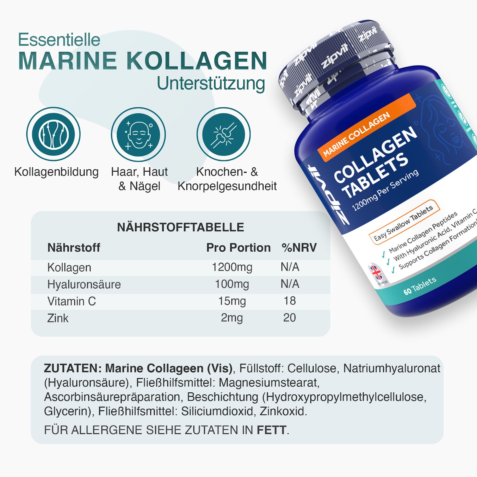 Zipvit Marine Collagen High Strength 1200mg - mit Hyaluronsäure & Zink