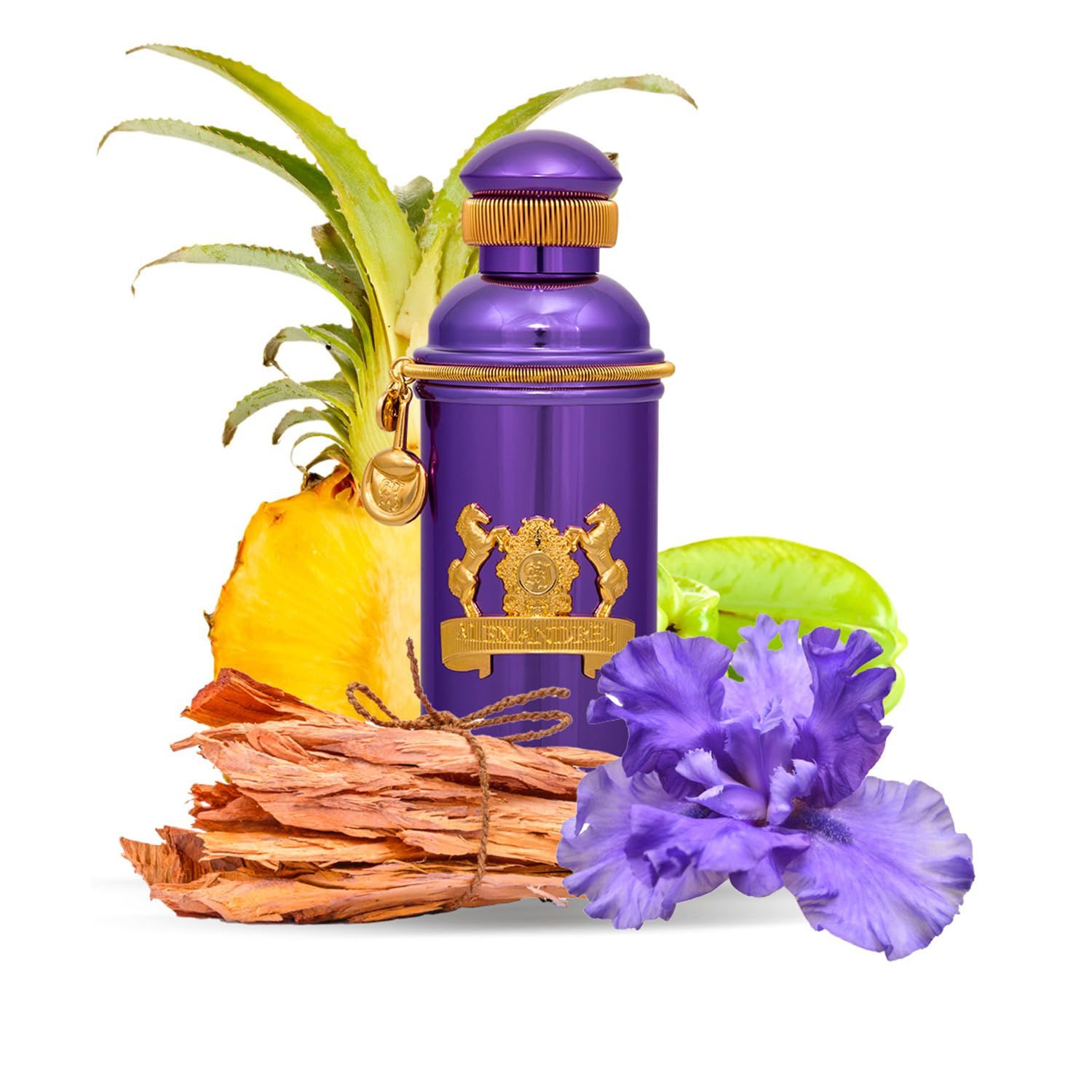 Violette Flasche mit goldenen Details, umgeben von Ananas, Holz und Irisblüte.